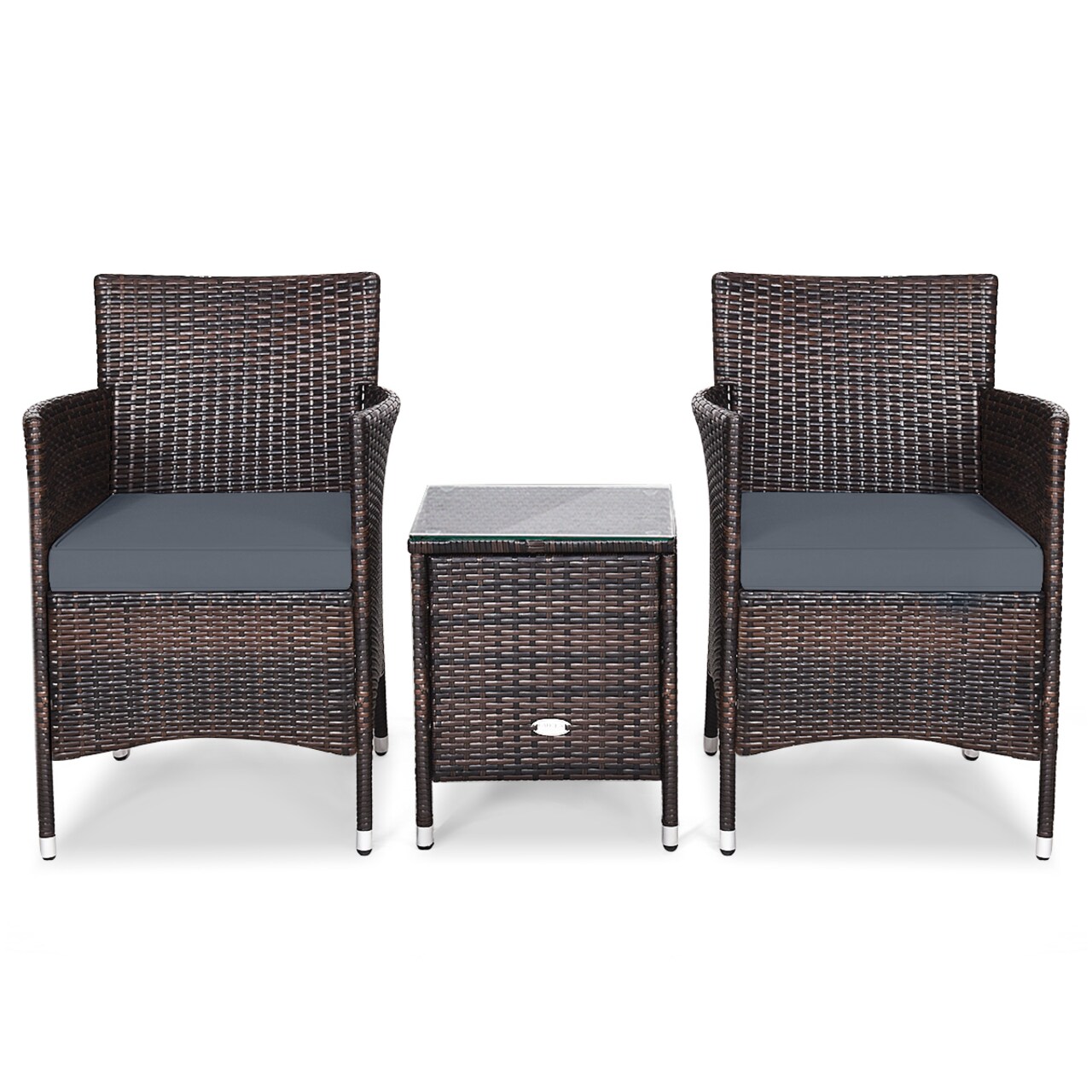 3 Pieces Patio Wicker Rattan Furniture Set with Steel Frame and Polyester Cushions